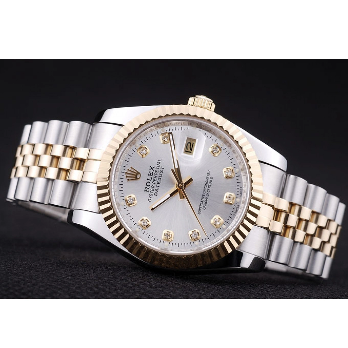 Aaa replica Silver Dial Datejust Diamonds Ribbed Rolex 7454 Bezel 0702